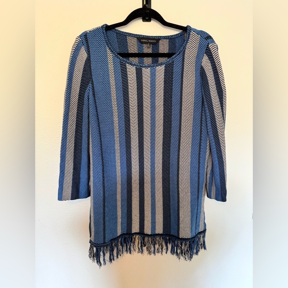 Ming Wang Womens Fringe Striped Sweater 3/4 Sleeve Size Small Blue Black EUC